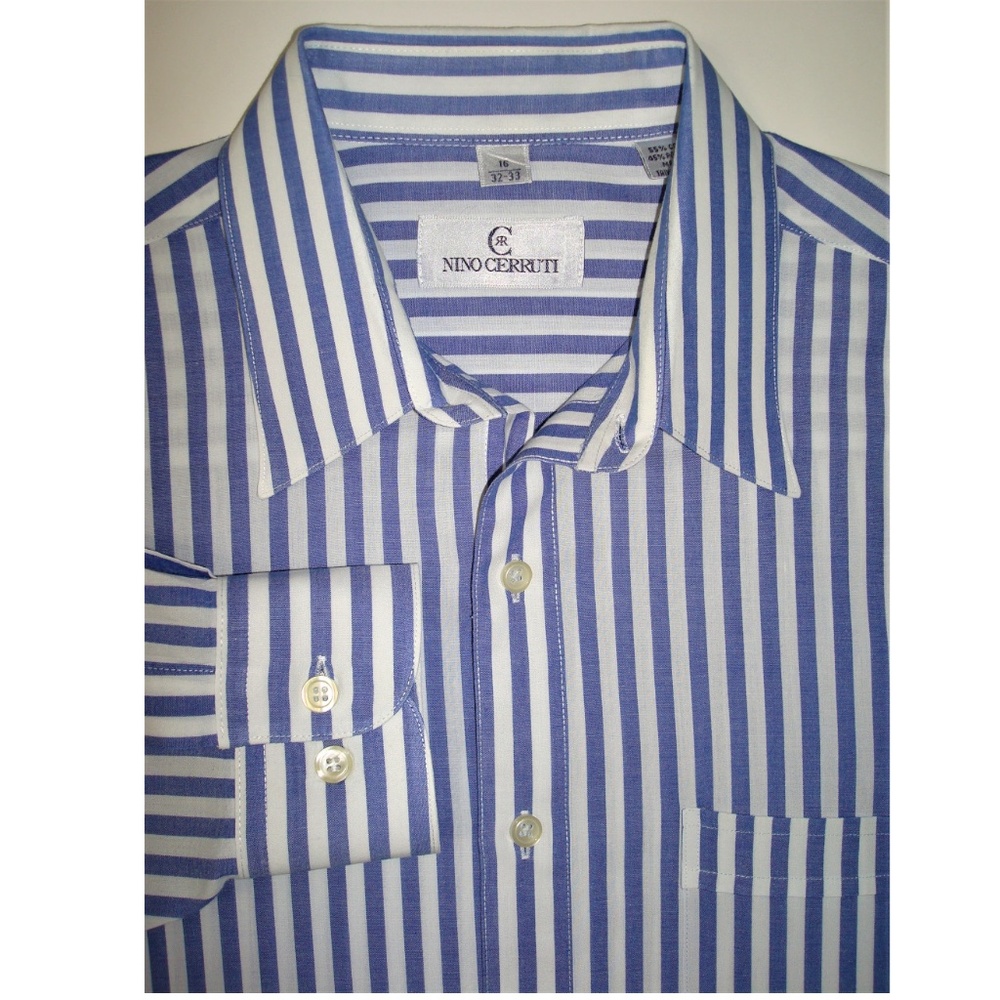 New! NINO CERRUTI Sz 16 32-33 Blue & White Striped long Sleeve Shirt